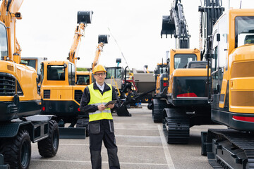 Engineer in a helmet with a digital tablet stands next to construction excavators.