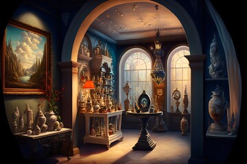 masterpiece painting of a 21st century luxury fine art gallery brightly lit interior view magical artifacts enchanted sculptures beautiful displays cluttered  - obrazy, fototapety, plakaty