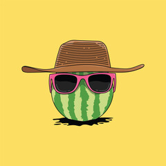 Fototapeta premium illustration concept. attractive cute watermelon summer illustration in stylish pink glasses with beach theme hat. minimal fruit concept. beach watermelon