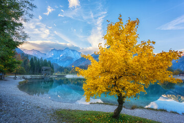 Jasna lake in Triglav national park, Kranjska Gora, Slovenia, autumn landscape. Scenic view of a...