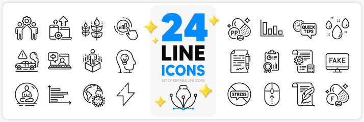 Icons set of Fluorine mineral, Histogram and Exhaust line icons pack for app with Rainy weather, Inspect, Agreement document thin outline icon. Medical help, Coronavirus pandemic. Vector