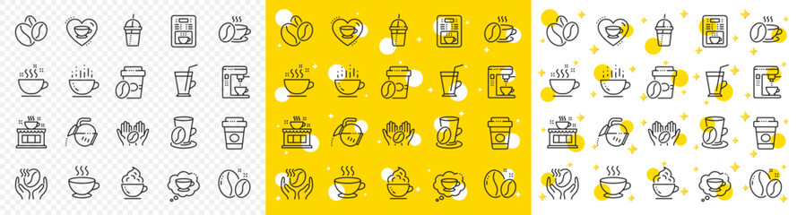 Beans, hot cocktail and coffee maker machine. Coffee line icons. Espresso cup, cappuccino with whipped cream line icons. Latte vending machine, breakfast drink and roasted beans. Vector