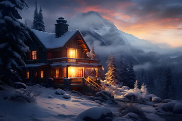 a cozy house in the woods with a snowy mountain in the background