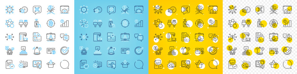 Vector icons set of 5g internet, Reject access and Integrity line icons pack for web with Reminder, Speech bubble, Phone payment outline icon. Compliance, Computer cables. Vector