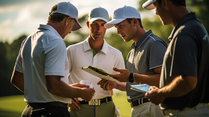 Caddies confer with golfers, discussing club selection, course strategy, and providing vital information about wind direction and yardages for each hole - obrazy, fototapety, plakaty