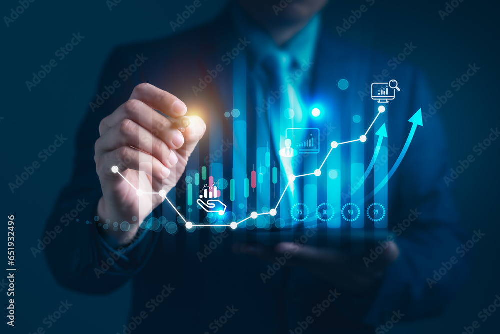 Aufkleber businessman directing global business growth with blockchain and data analysis