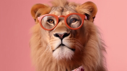 Lion wearing glasses in pink background. 