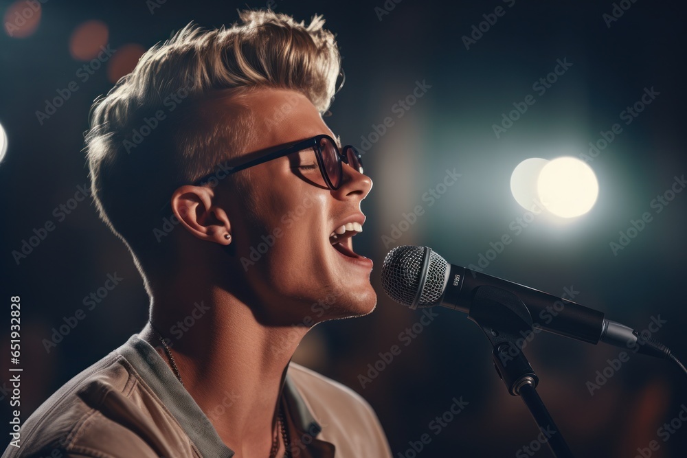 Aufkleber A man confidently sings into a microphone in front of a large crowd. This image can be used to depict live performances, concerts, music events, or talented performers showcasing their skills.