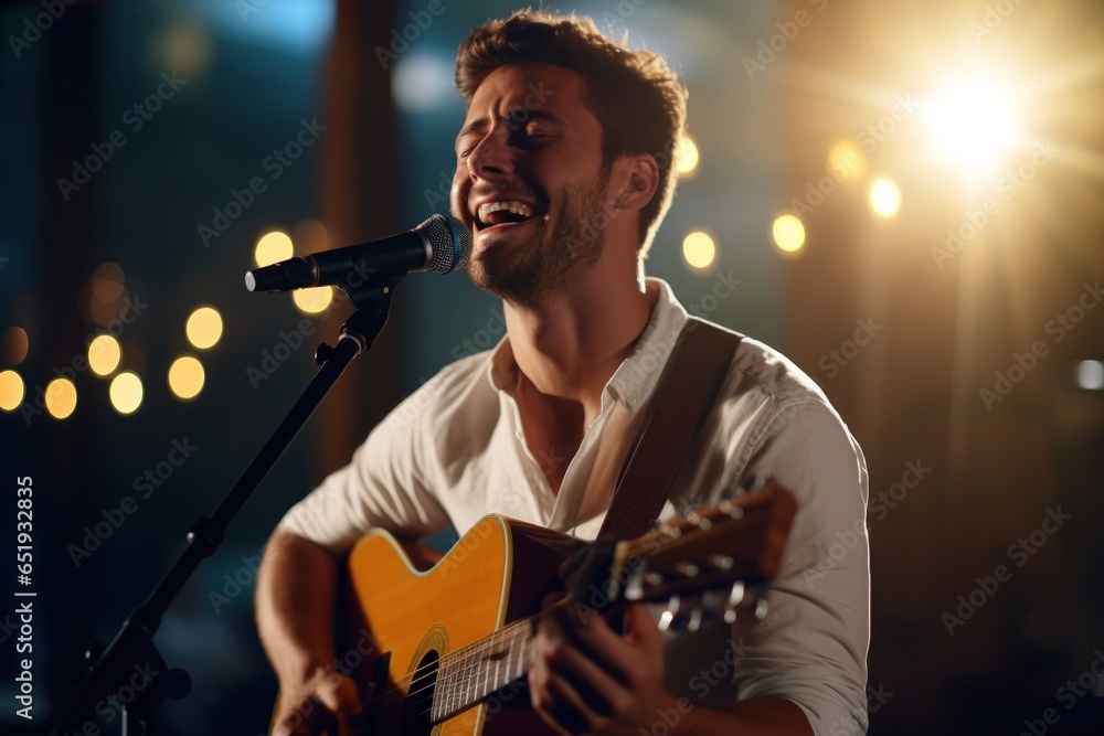 Aufkleber a man playing a guitar and singing into a microphone. this image captures the energy and passion of 