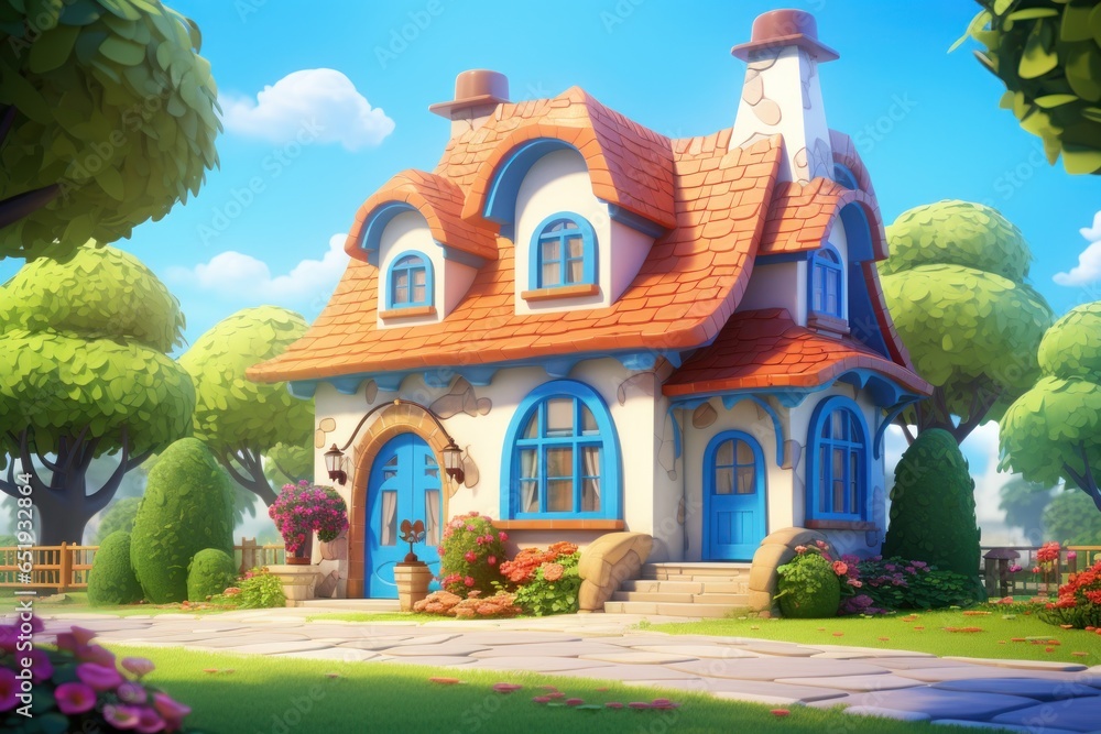 Poster a charming cartoon house situated in the center of a beautiful garden. this image can be used to dep