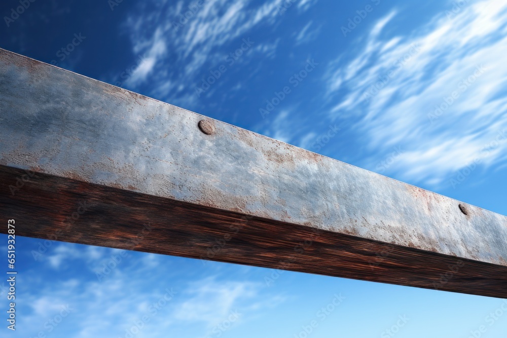 Poster a detailed view of a metal beam set against a vibrant blue sky. this image can be used to showcase c