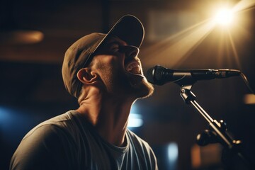 A man is seen singing into a microphone in a dark room. This image can be used to depict a live performance or a recording studio setup. - obrazy, fototapety, plakaty
