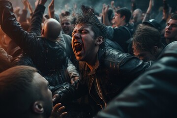A vibrant image of a crowd of people with their hands raised in the air. This picture captures the excitement and energy of a large gathering. It can be used to depict celebrations, concerts, festival