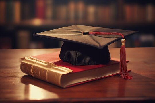 A graduation cap placed on top of a book, symbolizing academic achievement and the completion of education. This image can be used to represent graduation, education, learning, and success.