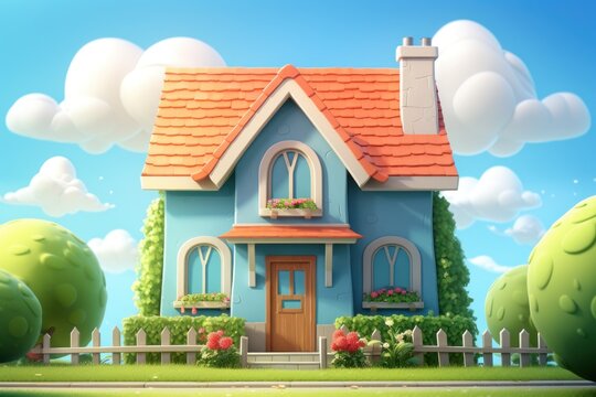 A picture of a blue house with a red roof and a fence. This image can be used to depict a cozy home or as a symbol of security and privacy.