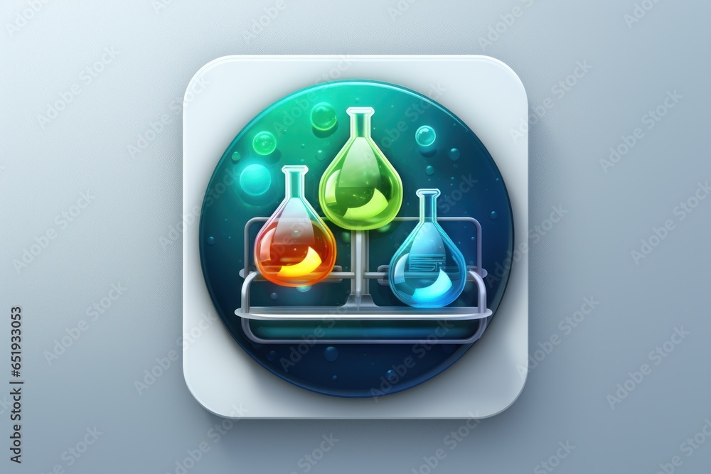 Poster A group of laboratory flasks sitting on top of a table. This image can be used to depict scientific research, chemistry experiments, or laboratory settings.