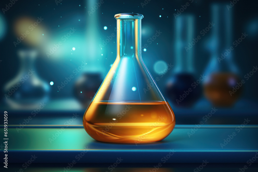 Poster a close-up view of a flask filled with liquid. suitable for scientific, laboratory, or chemical-them