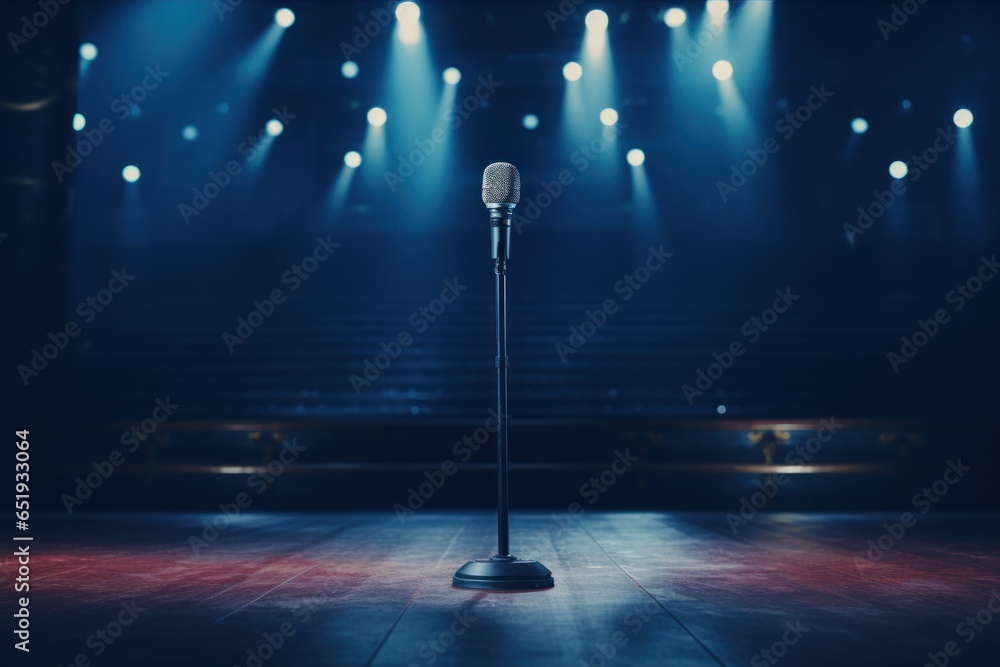 Poster A microphone placed on a stage with vibrant spotlights in the background. This image is perfect for capturing the essence of live performances and public speaking events.