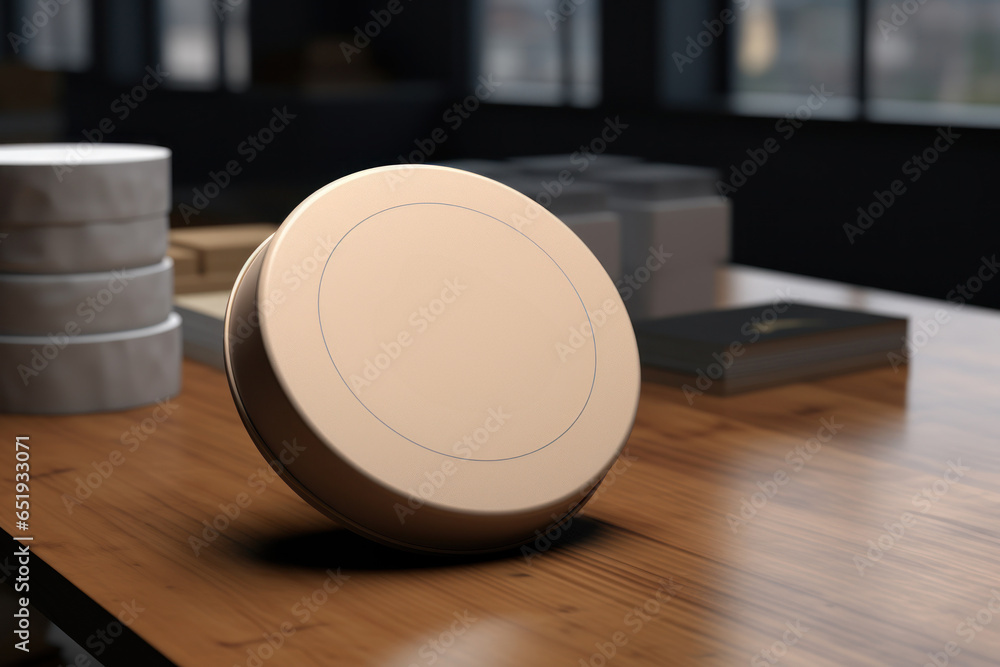 Poster A wooden table with a round device placed on top. This versatile image can be used to depict technology, workspace, or a modern office setting.