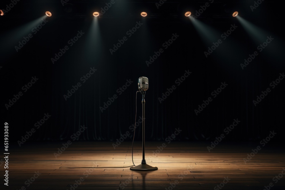 Poster A microphone on a stage with spotlights in the background. Perfect for concert or performance themes.