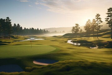 A picturesque golf course featuring a serene pond and beautiful trees. Perfect for golf enthusiasts and nature lovers alike.