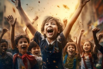 A group of children with their hands in the air, showing excitement and enthusiasm. This image can be used to depict joy, celebration, teamwork, education, or participation in activities. - obrazy, fototapety, plakaty