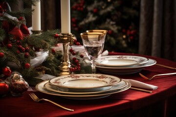 A picture of a table with a red tablecloth and a Christmas tree in the background. Perfect for holiday decorations and festive celebrations.