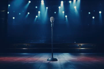 Fotobehang A microphone placed on a stage with vibrant spotlights in the background. This image is perfect for capturing the essence of live performances and public speaking events. © Fotograf