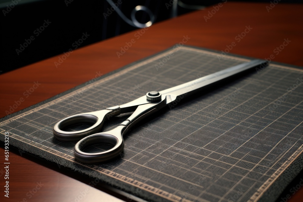 Poster A pair of scissors placed on top of a cutting mat. This versatile image can be used for various crafting, sewing, or DIY projects.