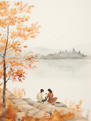 A Minimal Watercolor of a Couple Enjoying a Romantic Autumn Picnic by a Lakeside