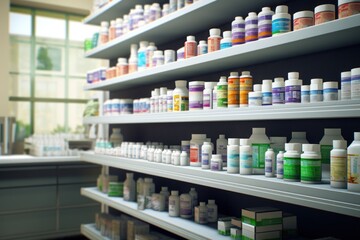 A pharmacy shelf filled with lots of medicine bottles. This image can be used to illustrate the variety and abundance of medications available at a pharmacy. - obrazy, fototapety, plakaty