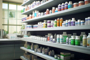 Papier Peint photo autocollant Pharmacie A pharmacy shelf filled with lots of medicine bottles. This image can be used to illustrate the variety and abundance of medications available at a pharmacy.