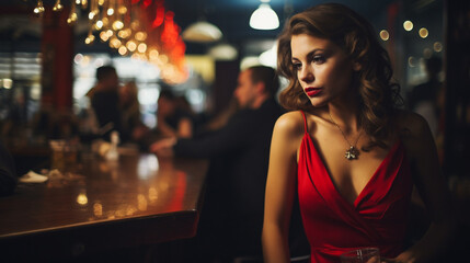 Young beautiful attractive and captivating woman in a red dress and with lipstick looking serious - obrazy, fototapety, plakaty