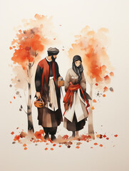 A Minimal Watercolor of a Couple in Traditional Attire from their Culture, Celebrating Autumn in their Unique Way