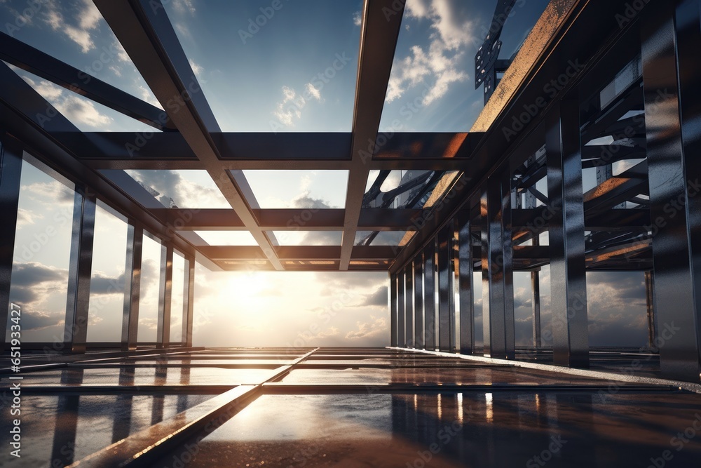 Poster a room with multiple windows and a picturesque sky background. perfect for architectural designs and