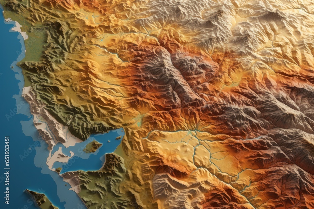 Poster A map depicting a mountain range with a serene lake in the middle. This image can be used for travel brochures, adventure websites, or educational materials about geography and topography.