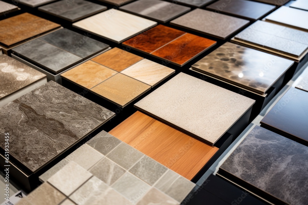 Poster a collection of different types of tile showcased for customers to choose from. this image can be us