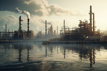 Obraz premium A large factory emitting billowing smoke. This image captures the industrial activity and pollution associated with manufacturing. It can be used to depict industrialization, manufacturing processes, 