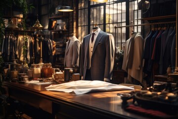 A busy suit shop filled with a variety of suits on display. Perfect for showcasing the latest fashion trends and outfit ideas.