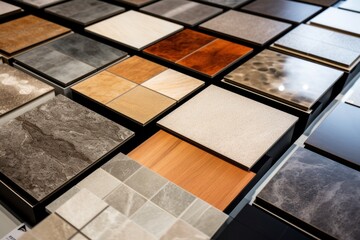 A collection of different types of tile showcased for customers to choose from. This image can be used to illustrate a variety of tile options available for home improvement projects or interior desig - obrazy, fototapety, plakaty