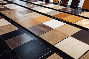 A room filled with a diverse selection of different types of tile. This versatile image can be used to showcase different flooring options or as a background for interior design projects.