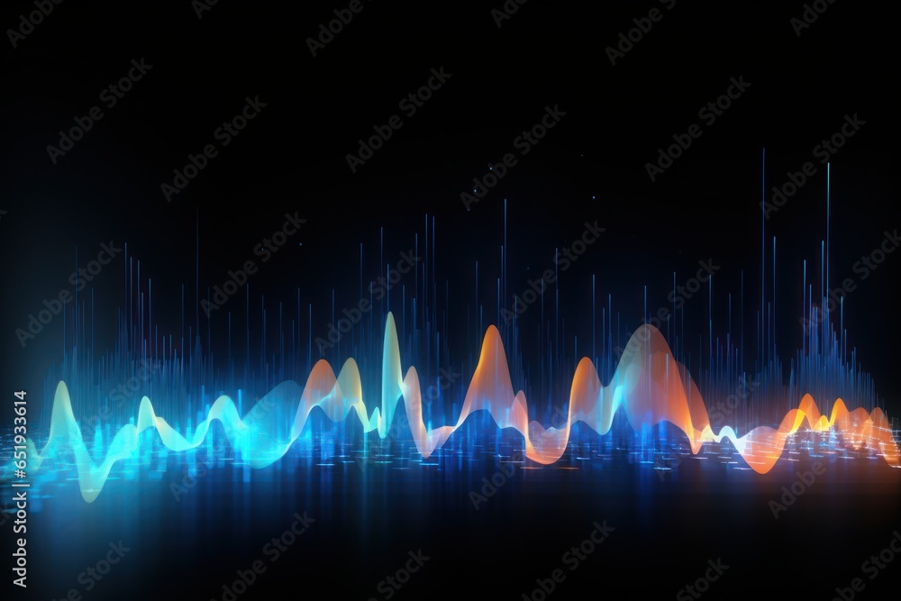 Poster a visually striking image of a sound wave in a dark setting. this image can be used to represent mus