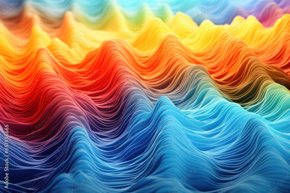 Poster A close up view of a vibrant rainbow colored wave pattern. This image can be used for various design projects, backgrounds, or to add a pop of color to any creative work.
