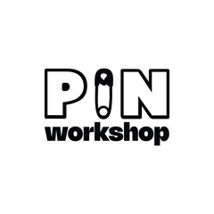 Sewing workshop logo on white background. pin workshop lettering