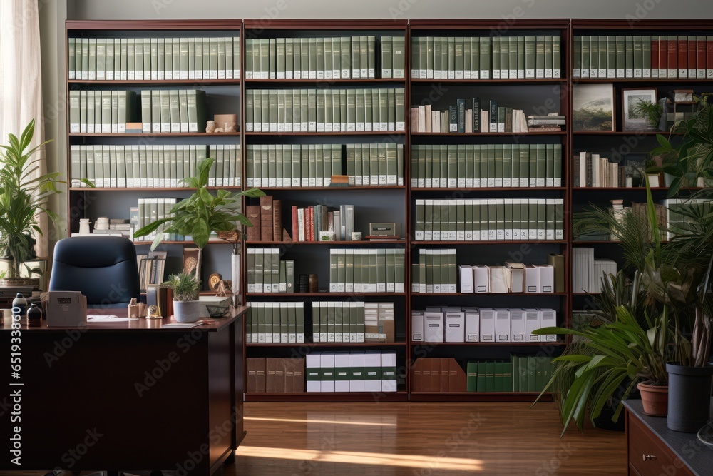 Poster a picture of a well-organized office space with a desk, bookshelf, and potted plants. this image can