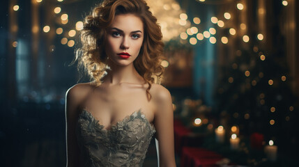 Fototapeta premium Beautiful serious captivating woman in a festive lace dress and with lipstick