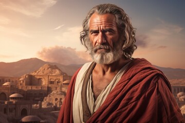 Naklejka premium Cataclysmic Ancient greek volcano eruption old man. Nature disaster. Generate Ai