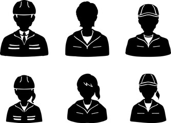 作業服を着た男女のシルエットイラストセット　黒