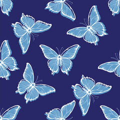 Golden blue butterflies on a gray background. Seamless pattern of moths.