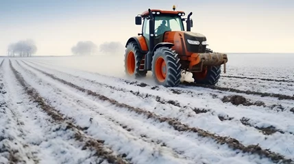 Papier Peint photo Tracteur Tractor plowing a field in winter